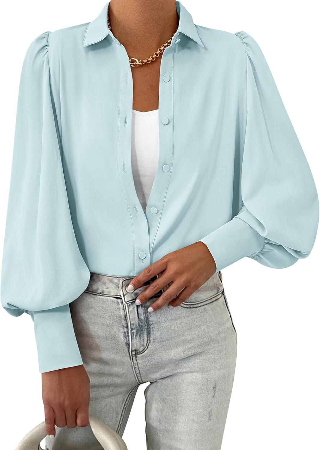imageBTFBM Women Fashion Button Down Shirts V Neck Printed Solid Boho Long Sleeve Blouses Dressy Casual Summer Fall TopsSolid Light Blue