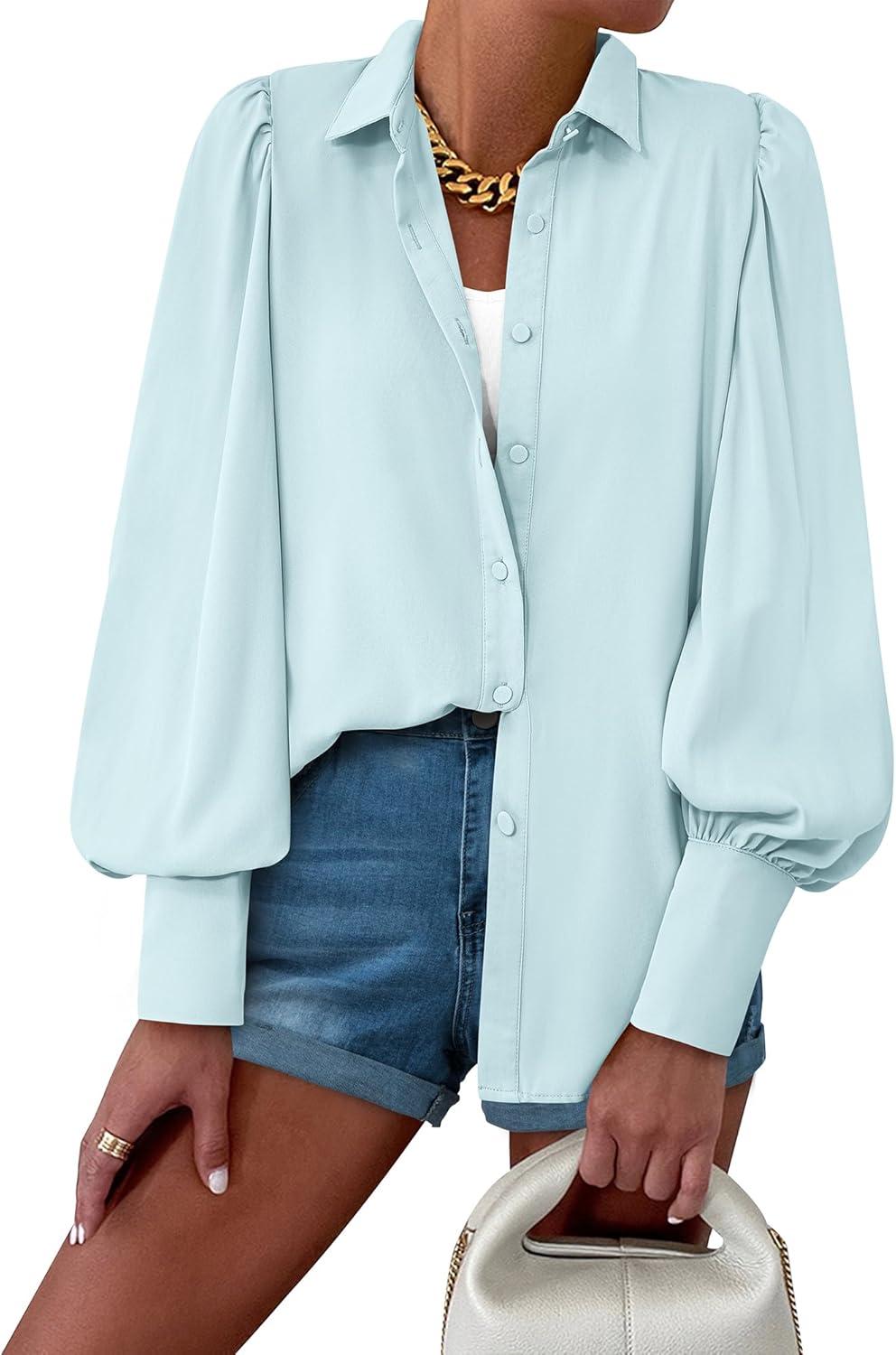 imageBTFBM Women Fashion Button Down Shirts V Neck Printed Solid Boho Long Sleeve Blouses Dressy Casual Summer Fall TopsSolid Light Blue