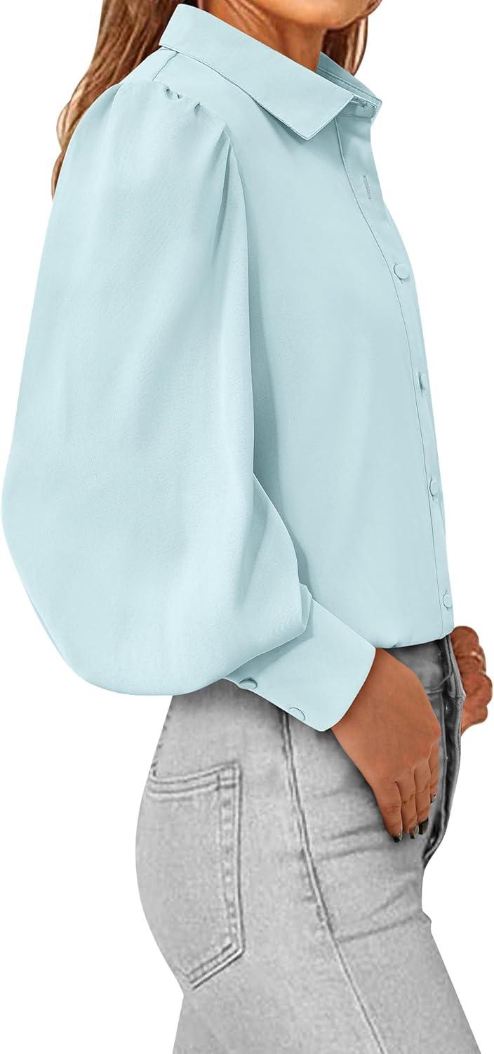 imageBTFBM Women Fashion Button Down Shirts V Neck Printed Solid Boho Long Sleeve Blouses Dressy Casual Summer Fall TopsSolid Light Blue