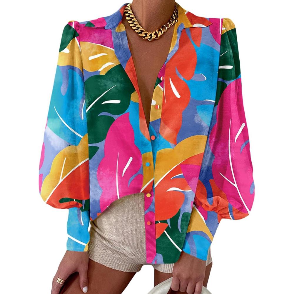imageBTFBM Women Fashion Button Down Shirts V Neck Printed Solid Boho Long Sleeve Blouses Dressy Casual Summer Fall TopsMulticolored