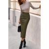 imageBTFBM Fall Skirts for Women 2025 Business Casual Outfits Elastic Waist Ruched Bodycon Slit Pencil Midi Leather SkirtArmy Green