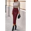 imageBTFBM Fall Skirts for Women 2025 Business Casual Outfits Elastic Waist Ruched Bodycon Slit Pencil Midi Leather SkirtBurgundy