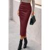 imageBTFBM Fall Skirts for Women 2025 Business Casual Outfits Elastic Waist Ruched Bodycon Slit Pencil Midi Leather SkirtBurgundy