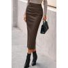 imageBTFBM Fall Skirts for Women 2025 Business Casual Outfits Elastic Waist Ruched Bodycon Slit Pencil Midi Leather SkirtCoffee
