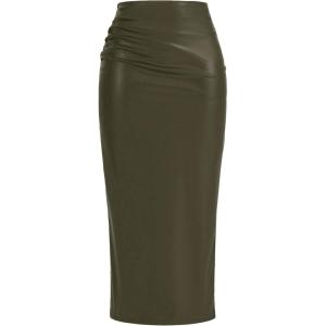 imageBTFBM Fall Skirts for Women 2025 Business Casual Outfits Elastic Waist Ruched Bodycon Slit Pencil Midi Leather SkirtArmy Green