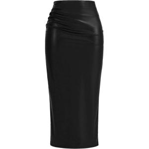 imageBTFBM Fall Skirts for Women 2025 Business Casual Outfits Elastic Waist Ruched Bodycon Slit Pencil Midi Leather SkirtBlack
