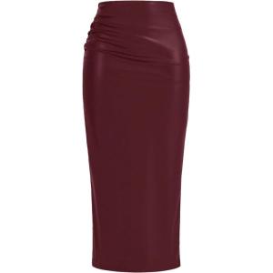 imageBTFBM Fall Skirts for Women 2025 Business Casual Outfits Elastic Waist Ruched Bodycon Slit Pencil Midi Leather SkirtBurgundy
