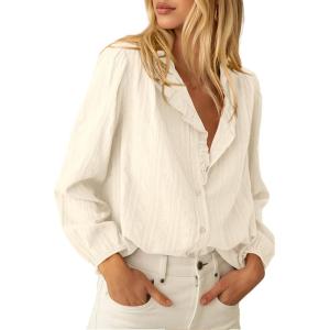 imageBTFBM Long Sleeve Shirts for Women Fall Outfits 2025 Dressy Casual Ruffle Button Down Shirt Loose Vacation Blouses TopsBeige White