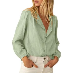 imageBTFBM Long Sleeve Shirts for Women Fall Outfits 2025 Dressy Casual Ruffle Button Down Shirt Loose Vacation Blouses TopsGreen