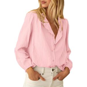 imageBTFBM Long Sleeve Shirts for Women Fall Outfits 2025 Dressy Casual Ruffle Button Down Shirt Loose Vacation Blouses TopsPink