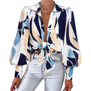 imageBTFBM Women Fashion Button Down Shirts V Neck Printed Solid Boho Long Sleeve Blouses Dressy Casual Summer Fall TopsPrint Navy
