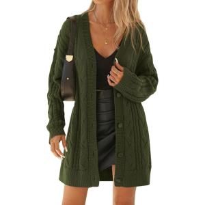 imageBTFBM Cable Knit Oversized Cardigan Sweaters for Women Trendy 2025 Fall Button Up Long Sleeve Winter Coat CardigansArmy Green