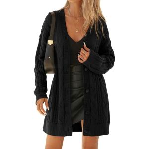 imageBTFBM Cable Knit Oversized Cardigan Sweaters for Women Trendy 2025 Fall Button Up Long Sleeve Winter Coat CardigansBlack