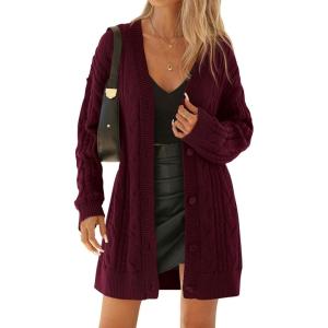 imageBTFBM Cable Knit Oversized Cardigan Sweaters for Women Trendy 2025 Fall Button Up Long Sleeve Winter Coat CardigansBurgundy