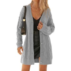 imageBTFBM Cable Knit Oversized Cardigan Sweaters for Women Trendy 2025 Fall Button Up Long Sleeve Winter Coat CardigansGrey