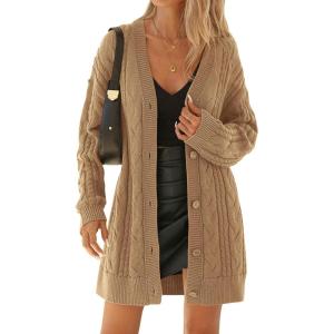 imageBTFBM Cable Knit Oversized Cardigan Sweaters for Women Trendy 2025 Fall Button Up Long Sleeve Winter Coat CardigansKhaki