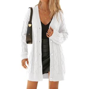 imageBTFBM Cable Knit Oversized Cardigan Sweaters for Women Trendy 2025 Fall Button Up Long Sleeve Winter Coat CardigansWhite
