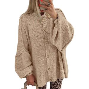 imageBTFBM Cardigan Sweaters for Women 2025 Fall Winter Outwear Lantern Long Sleeve Button Down Oversized Chunky Knit CoatsApricot