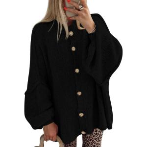 imageBTFBM Cardigan Sweaters for Women 2025 Fall Winter Outwear Lantern Long Sleeve Button Down Oversized Chunky Knit CoatsBlack