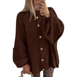 imageBTFBM Cardigan Sweaters for Women 2025 Fall Winter Outwear Lantern Long Sleeve Button Down Oversized Chunky Knit CoatsBrown