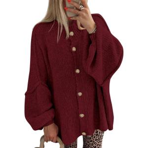 imageBTFBM Cardigan Sweaters for Women 2025 Fall Winter Outwear Lantern Long Sleeve Button Down Oversized Chunky Knit CoatsBurgundy