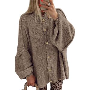 imageBTFBM Cardigan Sweaters for Women 2025 Fall Winter Outwear Lantern Long Sleeve Button Down Oversized Chunky Knit CoatsCamel
