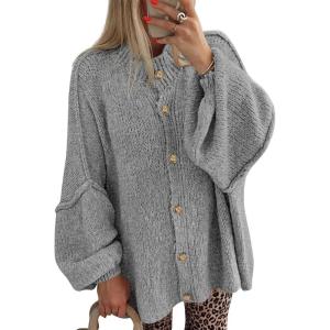 imageBTFBM Cardigan Sweaters for Women 2025 Fall Winter Outwear Lantern Long Sleeve Button Down Oversized Chunky Knit CoatsGrey