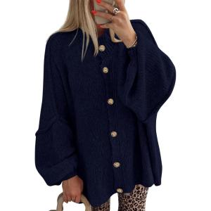 imageBTFBM Cardigan Sweaters for Women 2025 Fall Winter Outwear Lantern Long Sleeve Button Down Oversized Chunky Knit CoatsNavy Blue