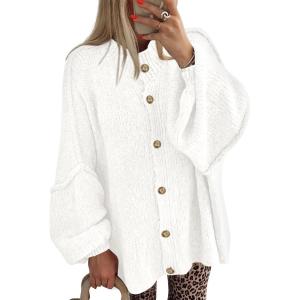 imageBTFBM Cardigan Sweaters for Women 2025 Fall Winter Outwear Lantern Long Sleeve Button Down Oversized Chunky Knit CoatsWhite