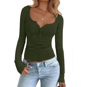 imageBTFBM Fall Sweaters for Women 2025 Lightweight Long Sleeve Henley Shirts Button Up Knit Basic Slim Fit Going Out TopsArmy Green