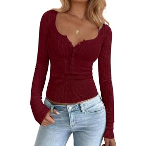 imageBTFBM Fall Sweaters for Women 2025 Lightweight Long Sleeve Henley Shirts Button Up Knit Basic Slim Fit Going Out TopsBurgundy