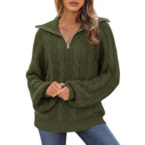 imageBTFBM Fall Sweaters for Women 2025 Loose Quarter Zip Pullover V Neck Long Sleeve Cable Knit Sweater Winter ClothesArmy Green