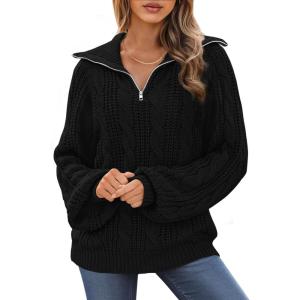 imageBTFBM Fall Sweaters for Women 2025 Loose Quarter Zip Pullover V Neck Long Sleeve Cable Knit Sweater Winter ClothesBlack
