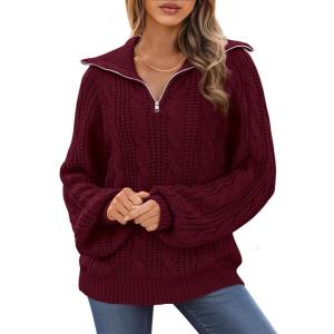 imageBTFBM Fall Sweaters for Women 2025 Loose Quarter Zip Pullover V Neck Long Sleeve Cable Knit Sweater Winter ClothesBurgundy