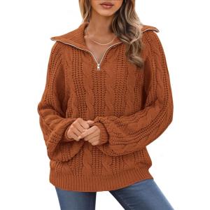 imageBTFBM Fall Sweaters for Women 2025 Loose Quarter Zip Pullover V Neck Long Sleeve Cable Knit Sweater Winter ClothesCaramel