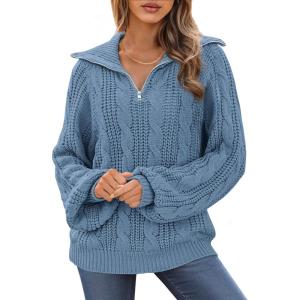 imageBTFBM Fall Sweaters for Women 2025 Loose Quarter Zip Pullover V Neck Long Sleeve Cable Knit Sweater Winter ClothesGrey Blue