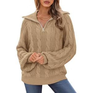 imageBTFBM Fall Sweaters for Women 2025 Loose Quarter Zip Pullover V Neck Long Sleeve Cable Knit Sweater Winter ClothesKhaki