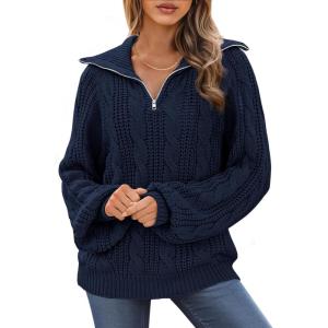 imageBTFBM Fall Sweaters for Women 2025 Loose Quarter Zip Pullover V Neck Long Sleeve Cable Knit Sweater Winter ClothesNavy Blue