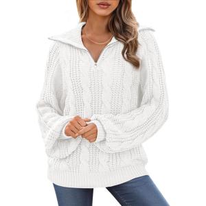 imageBTFBM Fall Sweaters for Women 2025 Loose Quarter Zip Pullover V Neck Long Sleeve Cable Knit Sweater Winter ClothesWhite