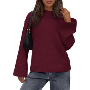 imageBTFBM Sweaters for Women 2025 Casual Crewneck Long Sleeve Loose Ribbed Knit Pullover Sweater Winter Clothes Fall OutfitsBurgundy