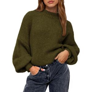 imageBTFBM Sweaters for Women Fall 2025 Crew Neck Lantern Long Sleeve Casual Oversized Pullover Knit Winter TopsArmy Green