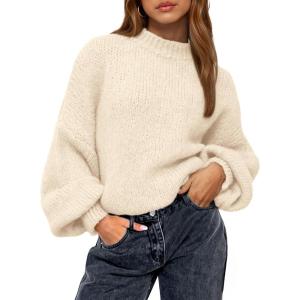 imageBTFBM Sweaters for Women Fall 2025 Crew Neck Lantern Long Sleeve Casual Oversized Pullover Knit Winter TopsBeige