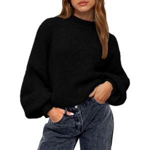 imageBTFBM Sweaters for Women Fall 2025 Crew Neck Lantern Long Sleeve Casual Oversized Pullover Knit Winter TopsBlack