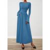 imageBTFBM Long Sleeve Maxi Dresses for Women 2025 Fall Casual Ruched Boat Neck Flowy Elegant Formal Wedding Guest DressBlue