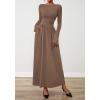 imageBTFBM Long Sleeve Maxi Dresses for Women 2025 Fall Casual Ruched Boat Neck Flowy Elegant Formal Wedding Guest DressKhaki