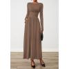 imageBTFBM Long Sleeve Maxi Dresses for Women 2025 Fall Casual Ruched Boat Neck Flowy Elegant Formal Wedding Guest DressKhaki