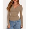 imageBTFBM Long Sleeve Shirts for Women 2025 Fall Fashion V Neck Knit Ruched Slim Fit Casual Basic Tees Going Out Tops Y2kKhaki