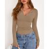 imageBTFBM Long Sleeve Shirts for Women 2025 Fall Fashion V Neck Knit Ruched Slim Fit Casual Basic Tees Going Out Tops Y2kKhaki