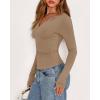 imageBTFBM Long Sleeve Shirts for Women 2025 Fall Fashion V Neck Knit Ruched Slim Fit Casual Basic Tees Going Out Tops Y2kKhaki