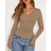imageBTFBM Long Sleeve Shirts for Women 2025 Fall Fashion V Neck Knit Ruched Slim Fit Casual Basic Tees Going Out Tops Y2kKhaki